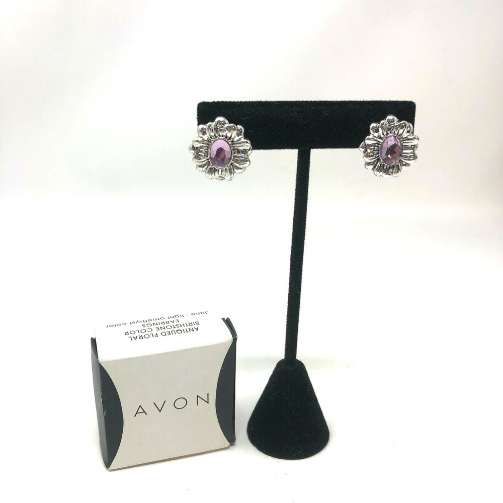 Avon Earrings Silvertone Antiqued Floral June Birthstone Amethyst Purple Color